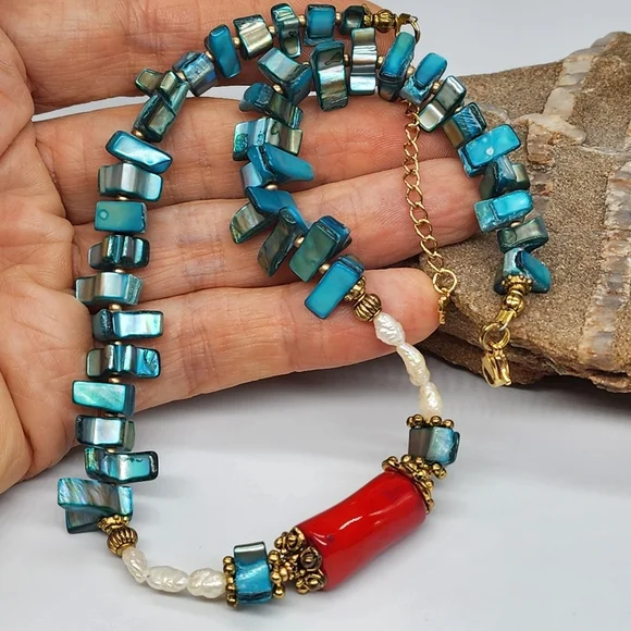 FP Ariana Ost Rare Designer Necklace Natural Coral Pearl Mother Of Pearl Stone - Picture 7 of 15